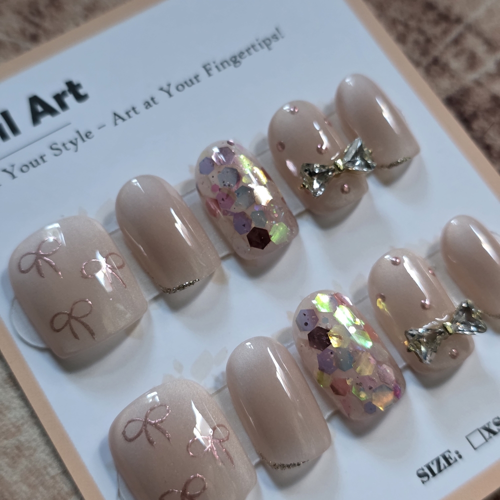 Neutral Pink Press-On Nails with Iridescent Sequins & Bows